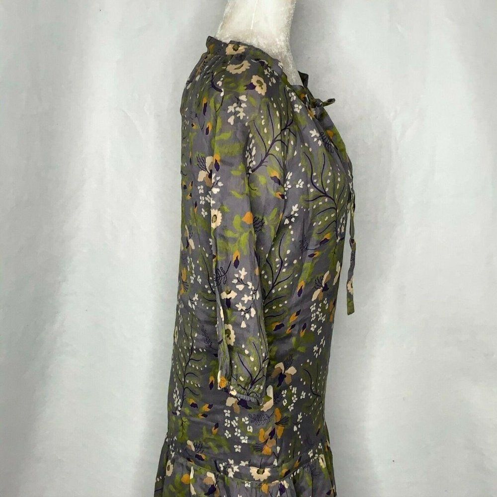 Gap Floral Shift Dress S Grey 3/4 Sleeves Tie Keyhole Neck Lined Tiered Ruffle - Picture 5 of 8